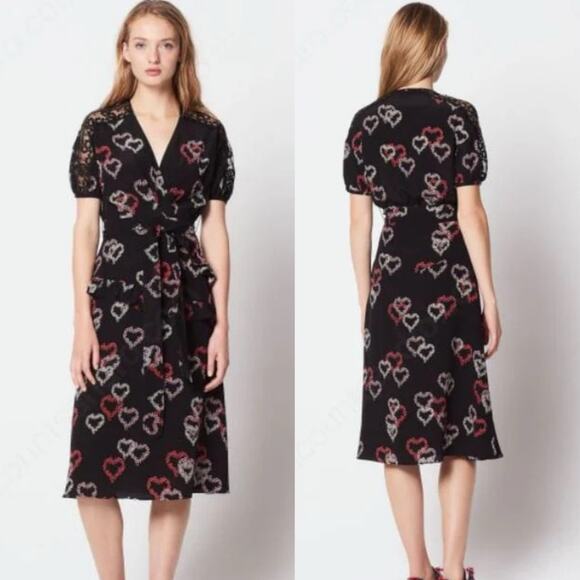 Sandro Black 100% Silk Floral Heart Print Midi Dress Small - Picture 1 of 14